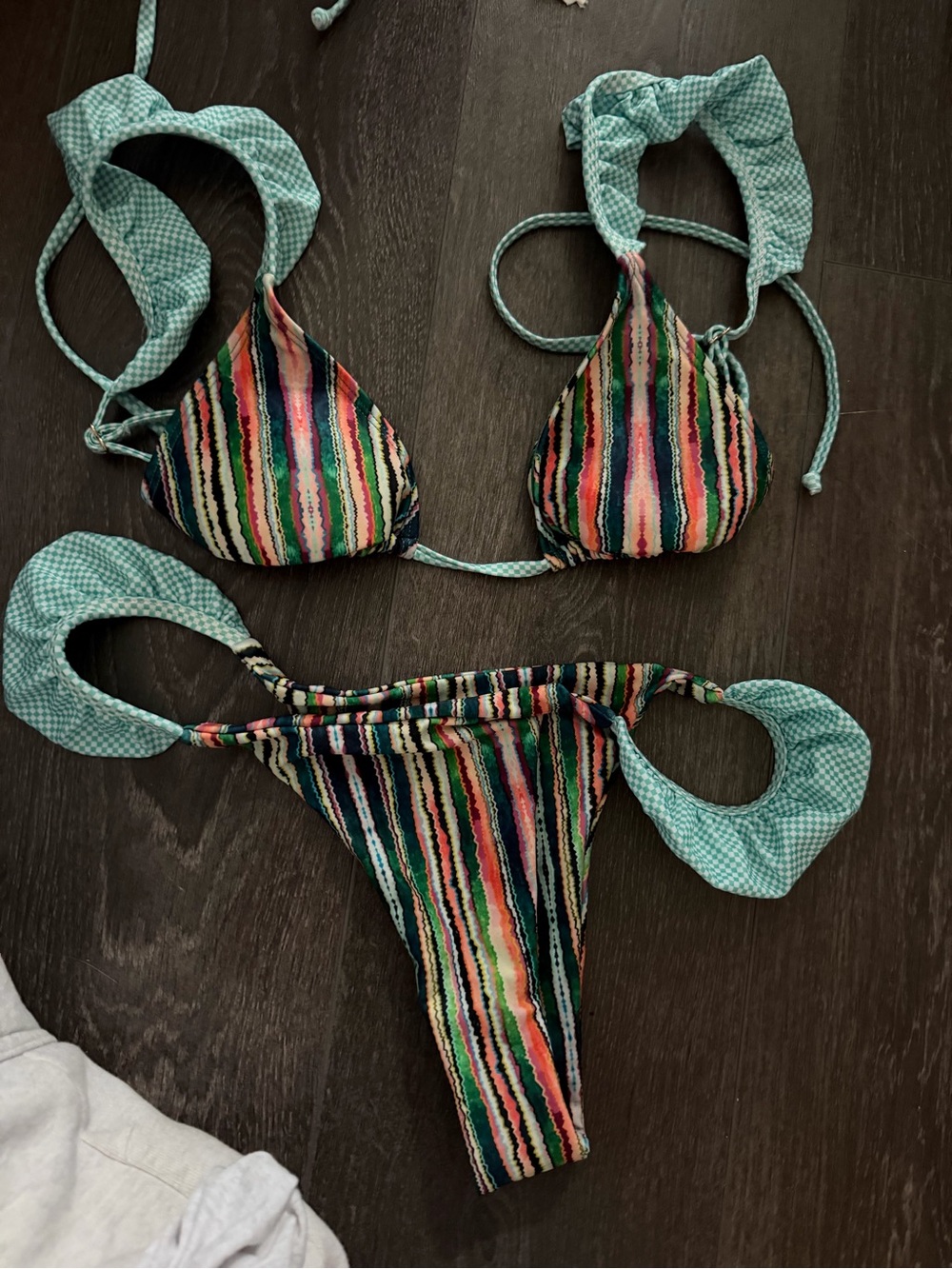 Strawberry Milk Mob Multicolor Striped Bikini with Aqua Check Ties